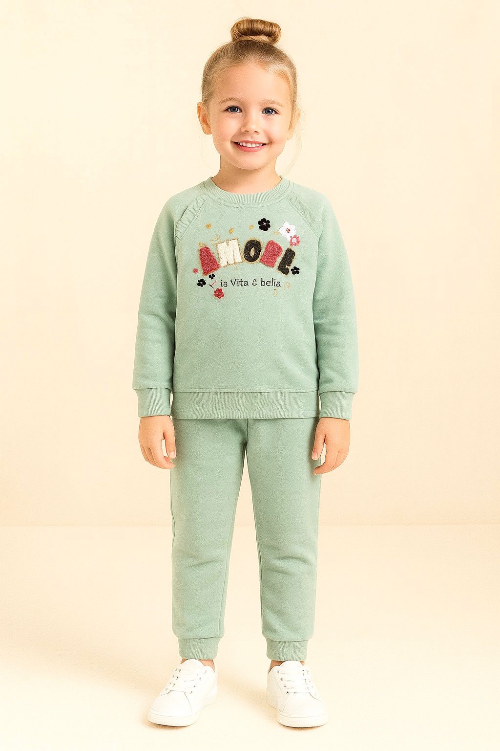 Amore Nakış Detaylı %100 Pamuk 2 İplik Kız Çocuk Takım - Mint