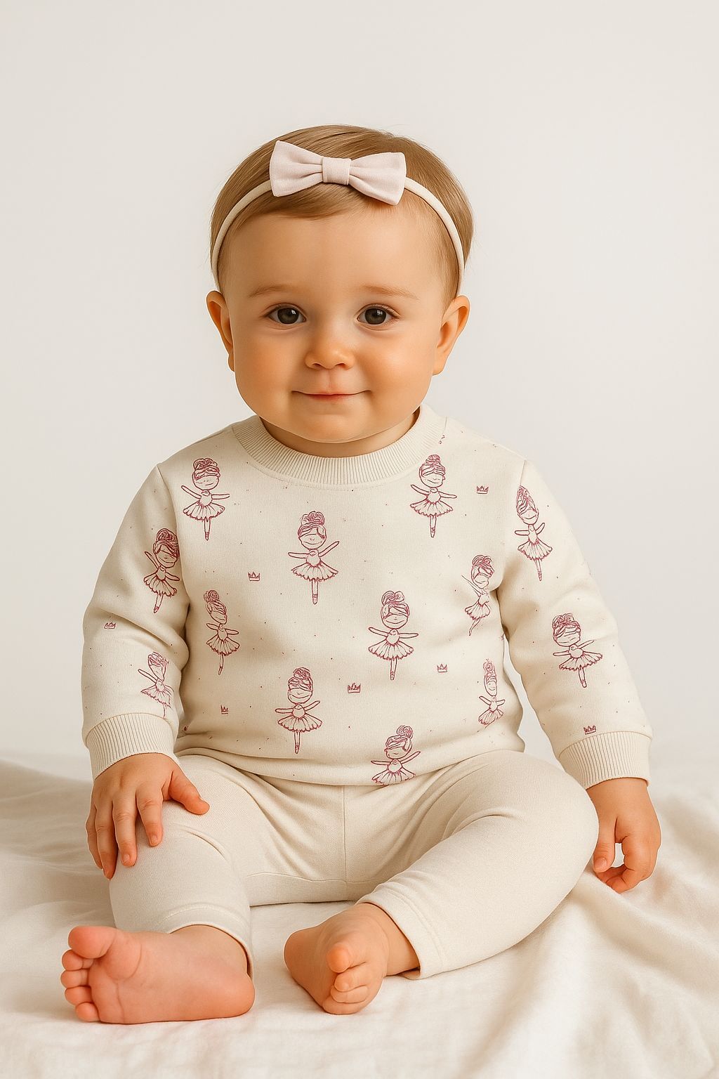 Balerin Desenli 2 İplik Pamuk Kız Bebek Sweat - Taş
