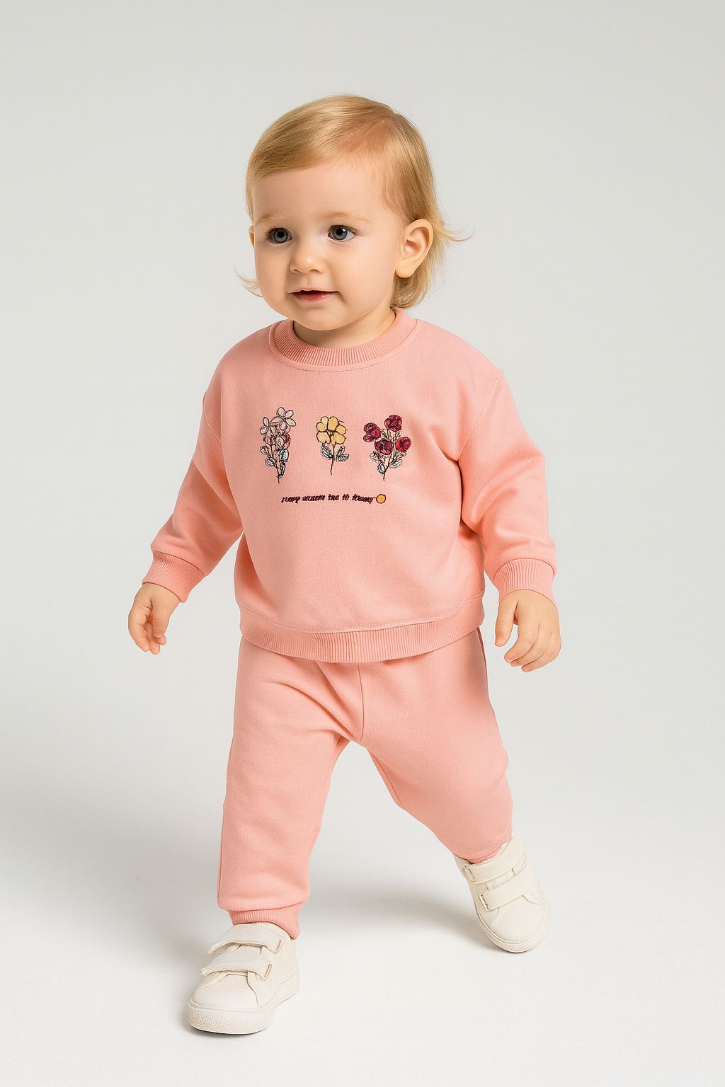 Çiçek Nakışlı %100 Pamuk 2 İplik Kız Bebek Eşofman Takım - Pembe