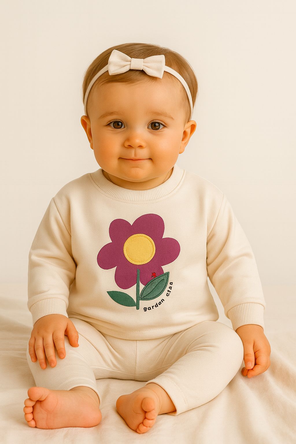 Papatya Model 2 İplik %100 Pamuk Kız Bebek Sweatshirt - Krem