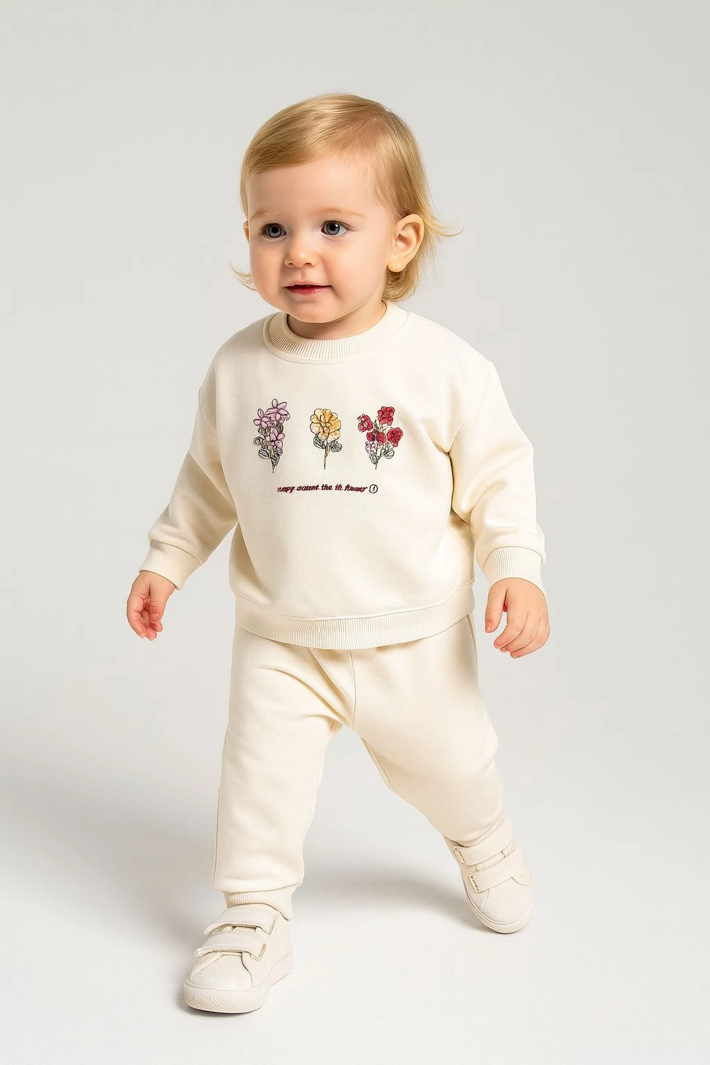 Çiçek Nakışlı %100 Pamuk 2 İplik Kız Bebek Eşofman Takım - Krem