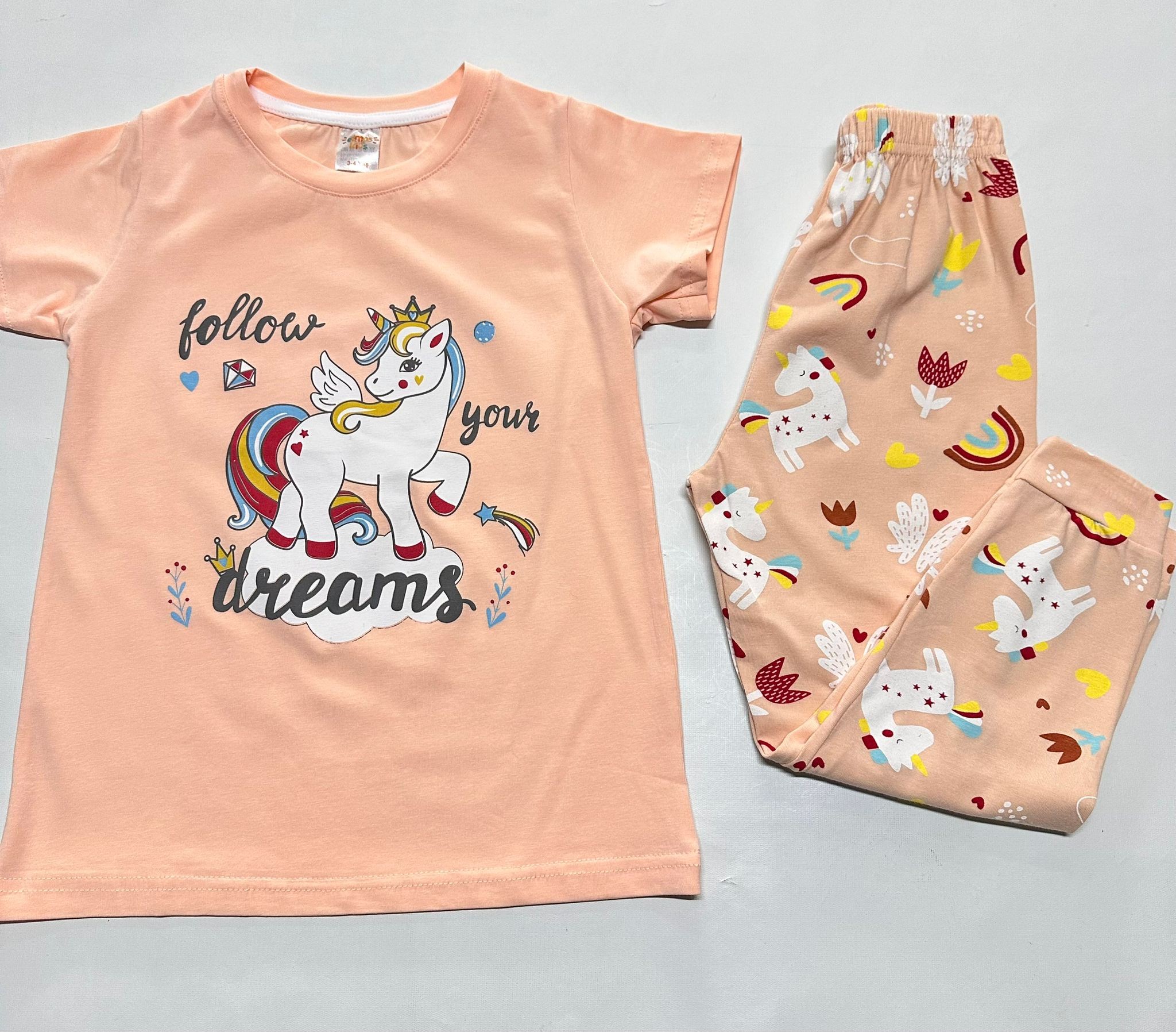 Kız Çocuk Follow Dream Unicorn Yarım Kol Uzun Alt Pijama Takımı