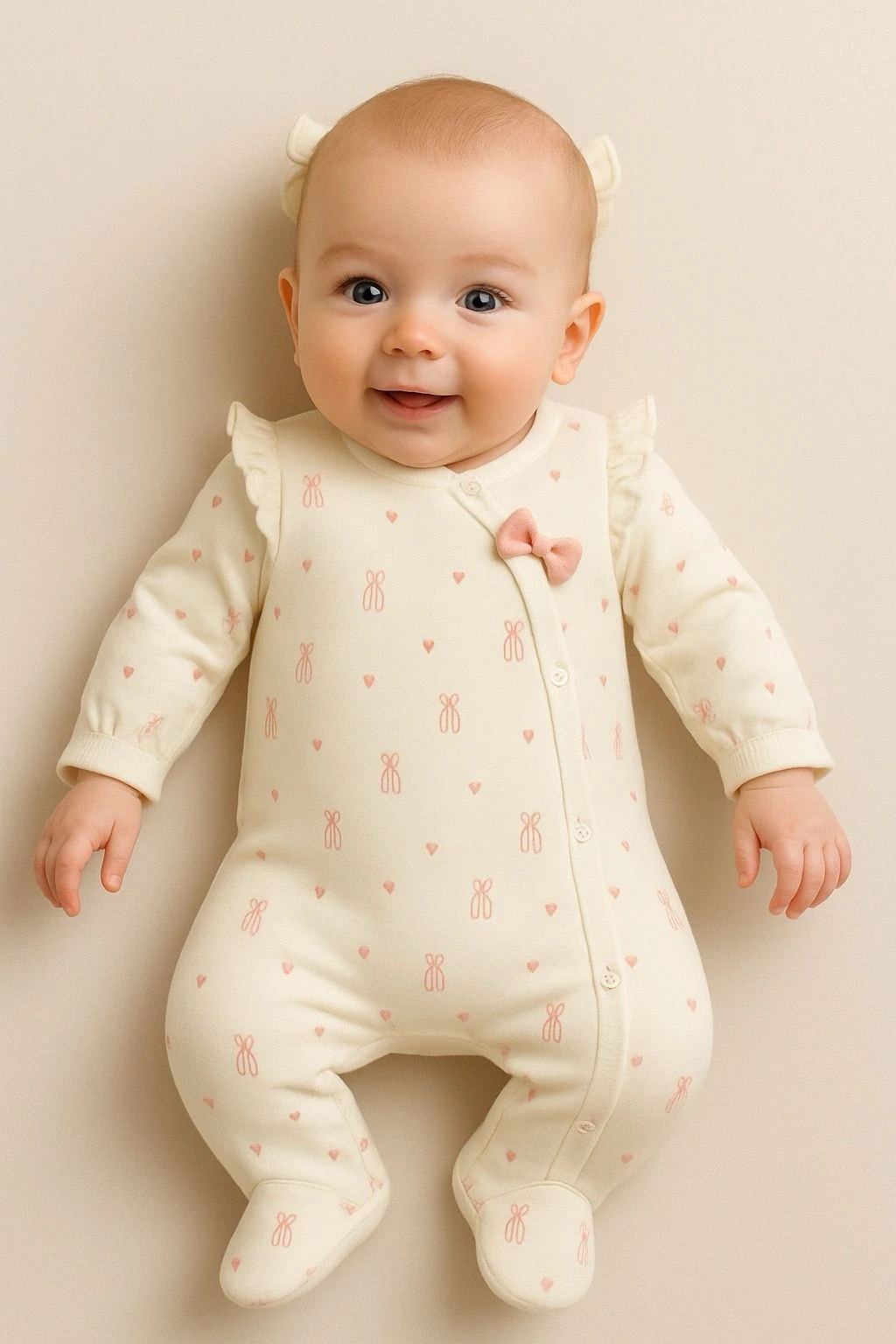 Ekru Fiyonk Kalp Desenli Yandan Çıtçıtlı Patikli %100 Pamuk Kız Bebek Tulum