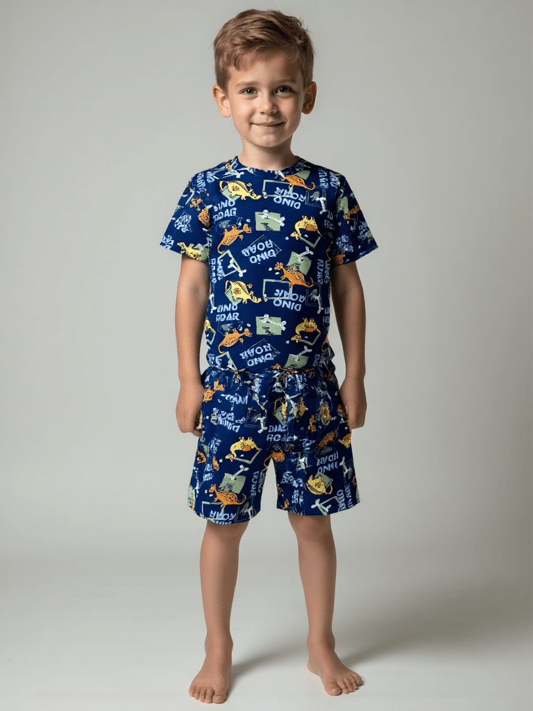 Erkek Çocuk indigo Dinazor Kısa Kol Şortlu Pijama Takım