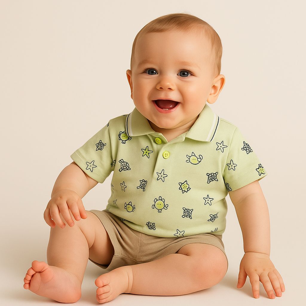 Kaplumbağa Desenli Erkek Bebek Lacoste Yaka Tişört