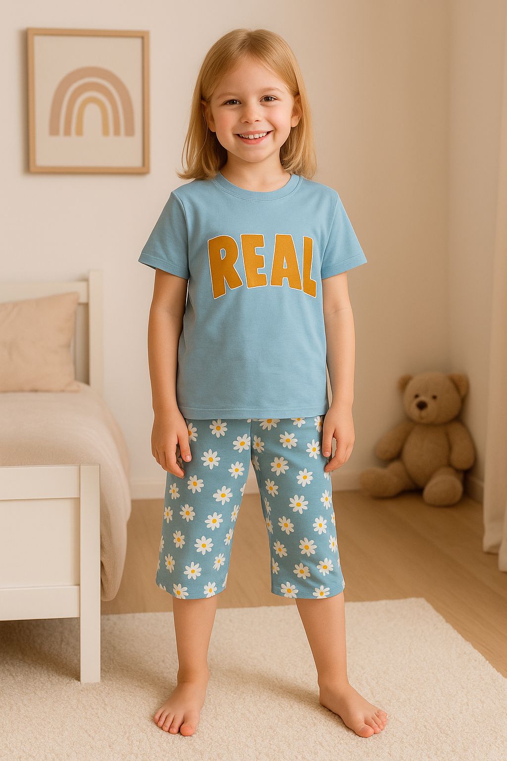 Papatya Desenli Kapri Kız Çocuk Pijama Takımı