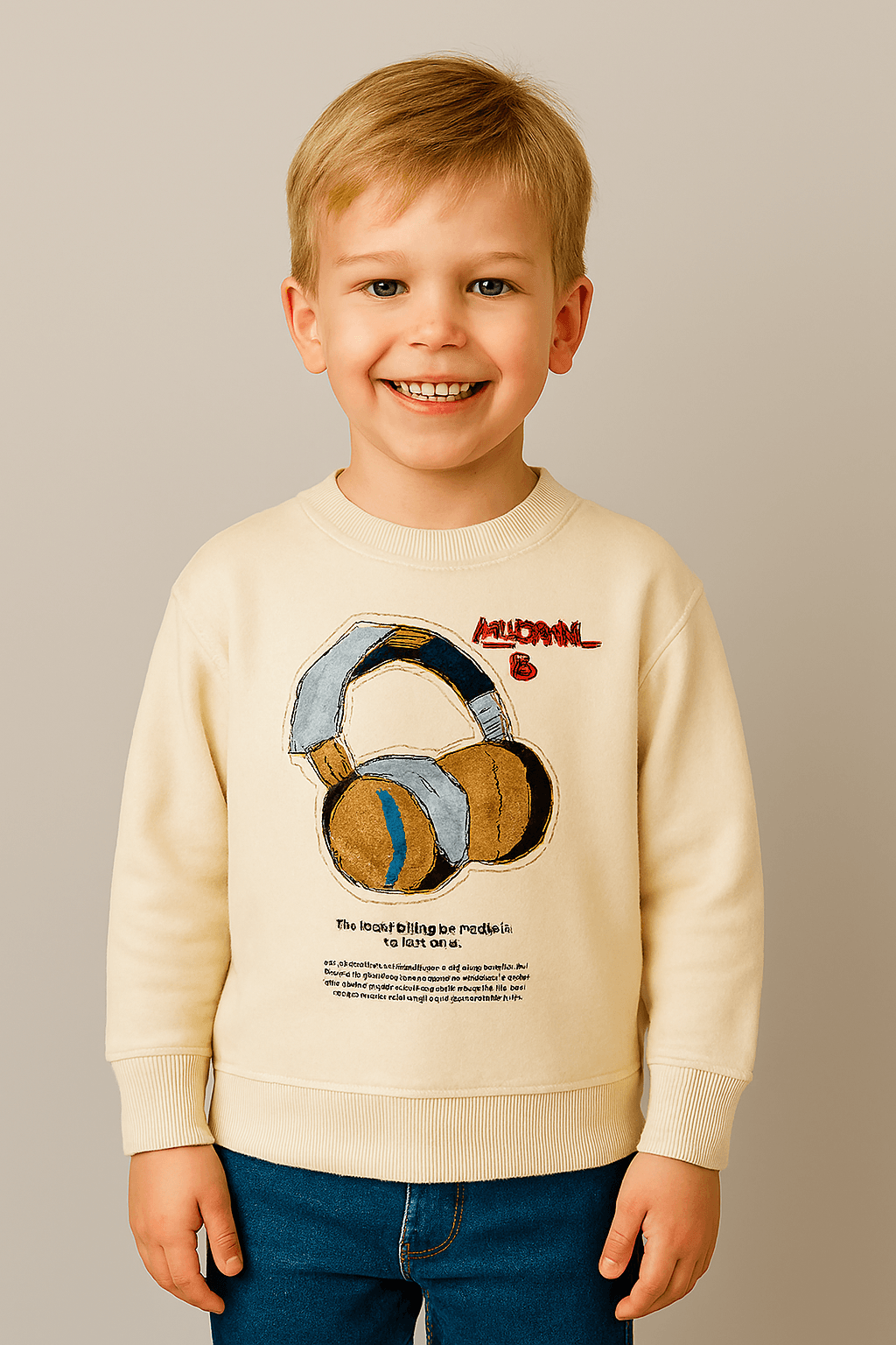 Ekru Ön Baskılı 2 İplik Erkek Çocuk Sweatshirt