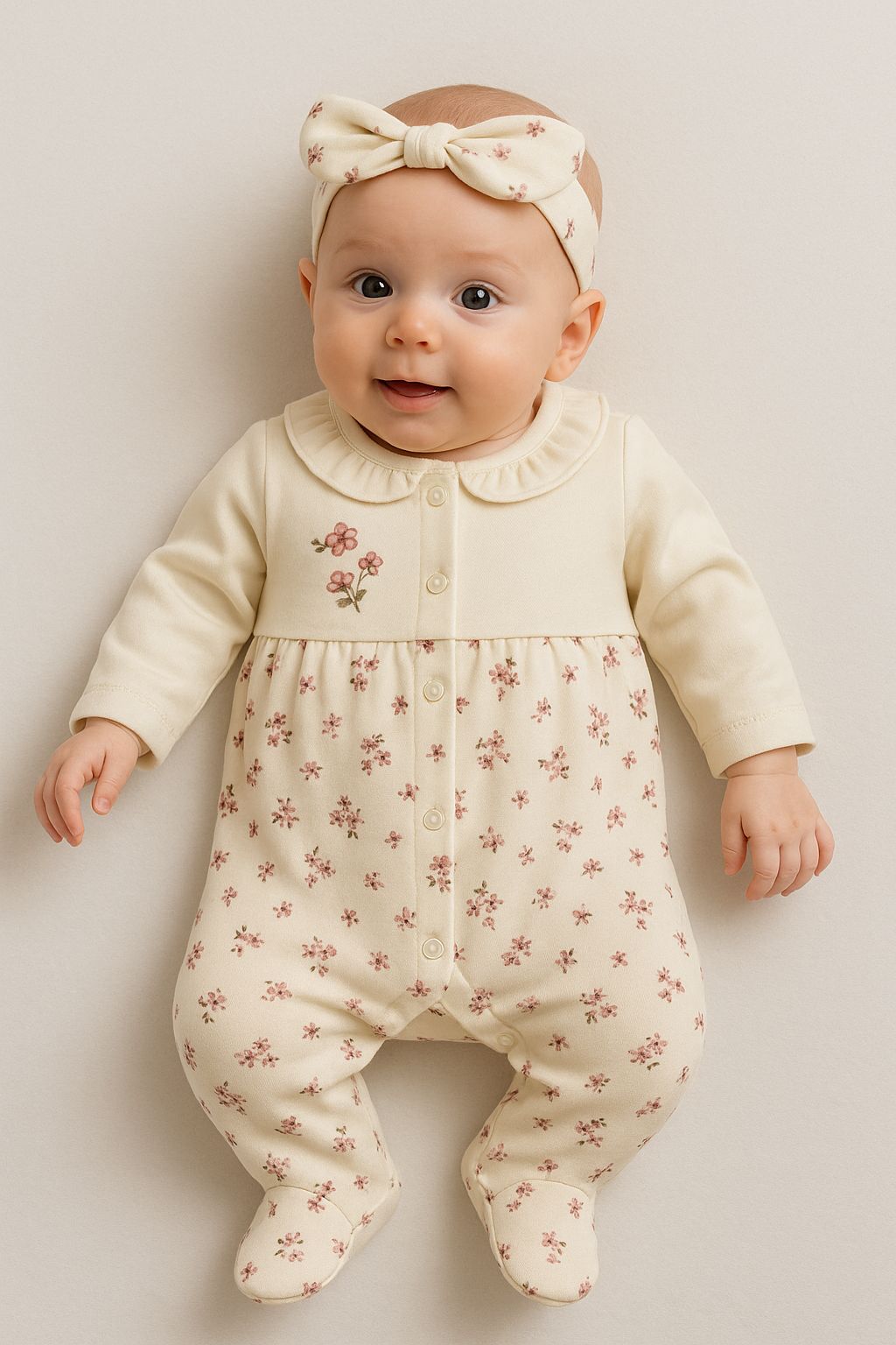 Çiçek Desenli %100 Pamuk Önden Çıtçıtlı Bandanalı Kız Bebek Patikli Tulum