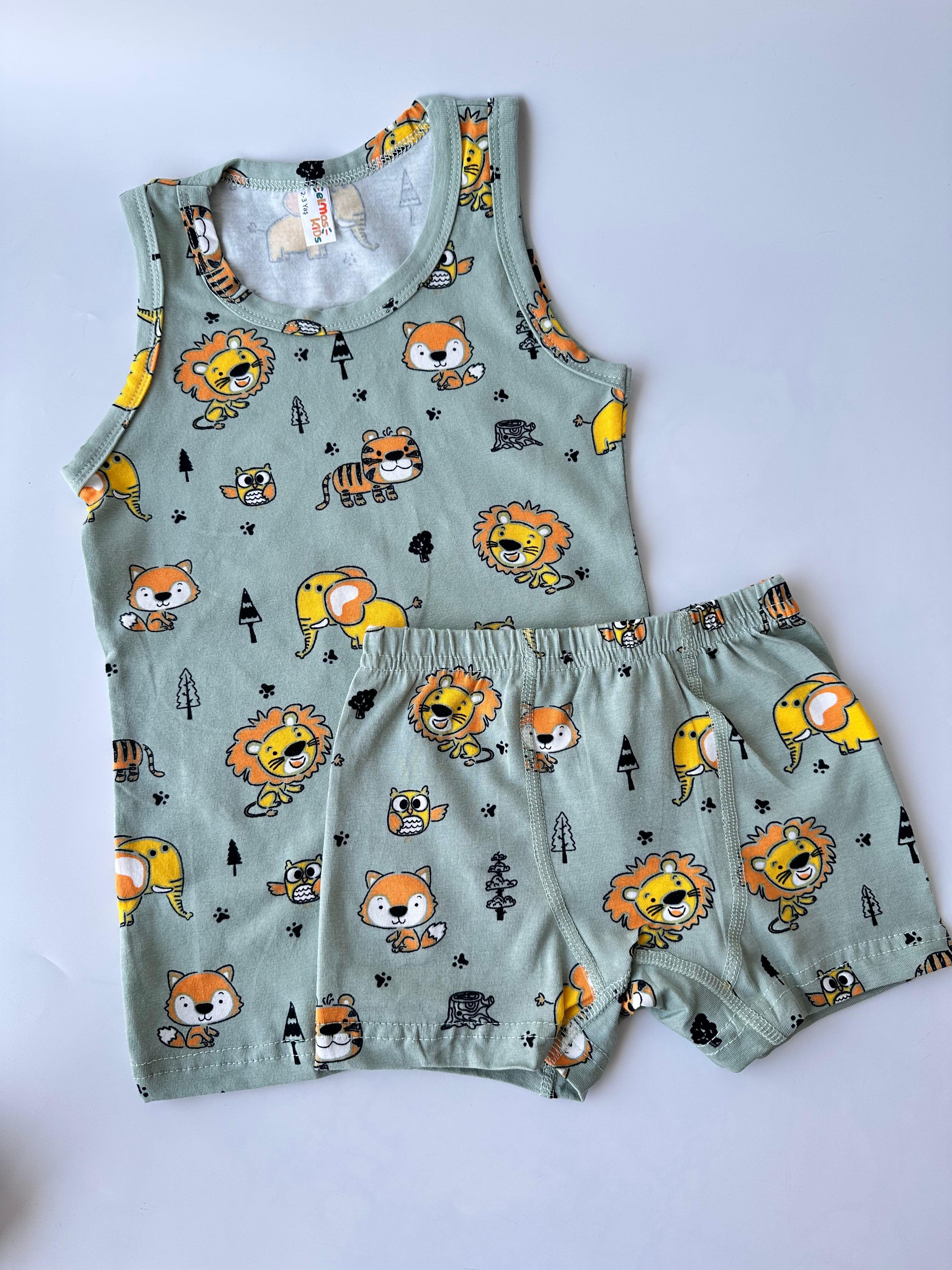 Yeşil Aslan Desenli Erkek Çocuk Atlet Boxer Takım