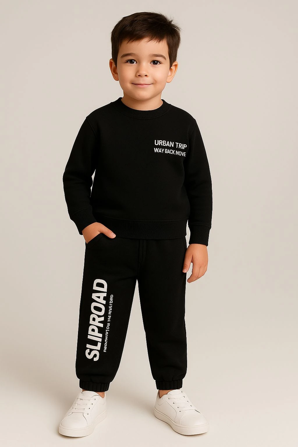 Yazı Detaylı 2 iplik Pamuk Erkek Çocuk Eşofman Takım - Siyah