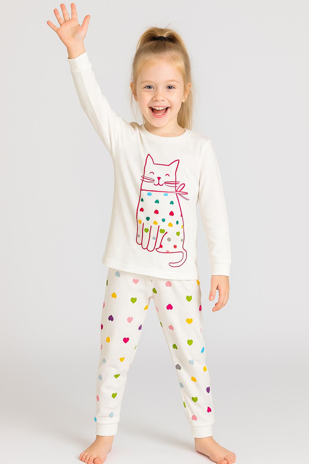 Ekru Kedi ve Kalp Desenli Kız Çocuk Pijama Takımı