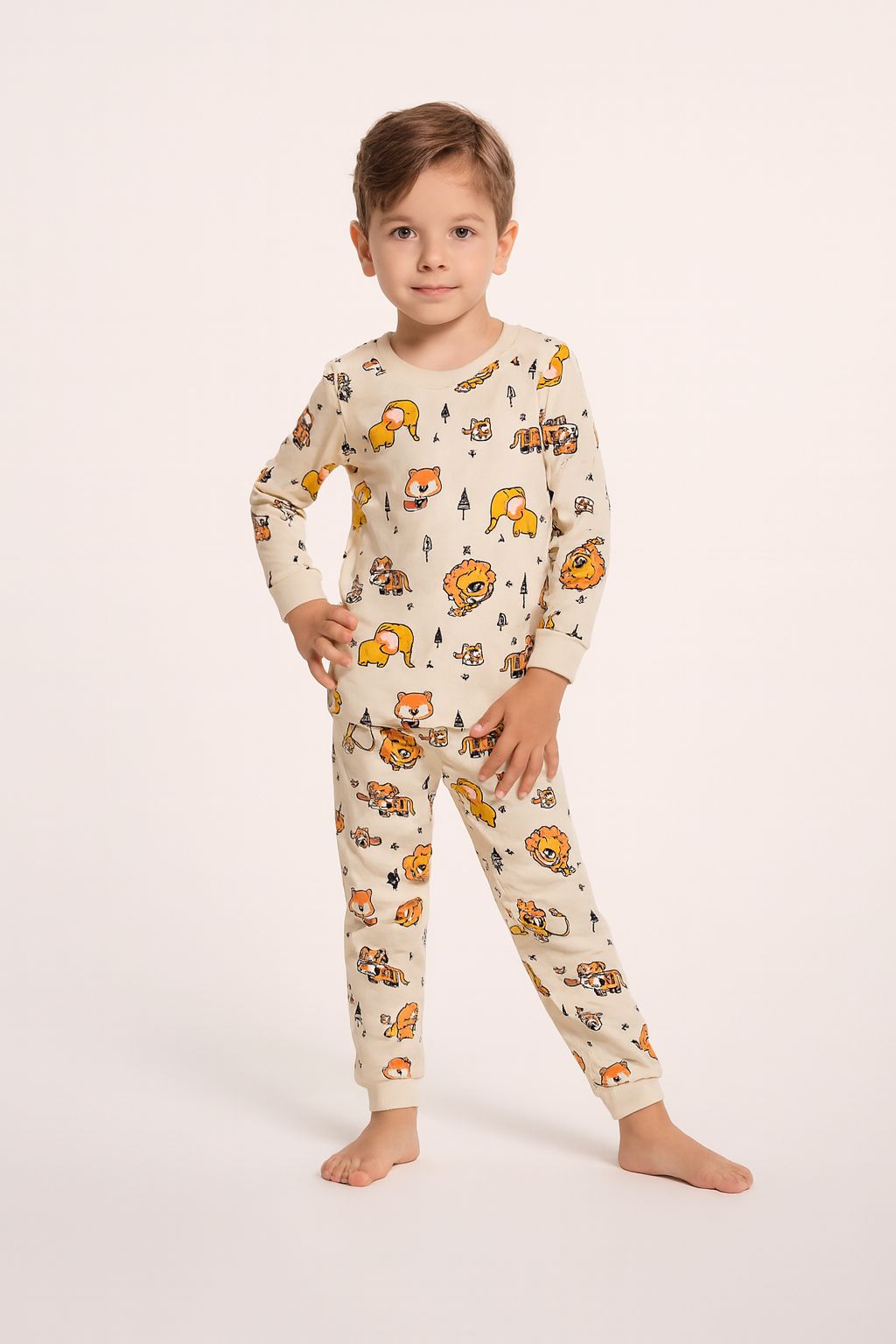 Bej Aslan Desenli %100 Pamuk Erkek Çocuk Pijama Takım