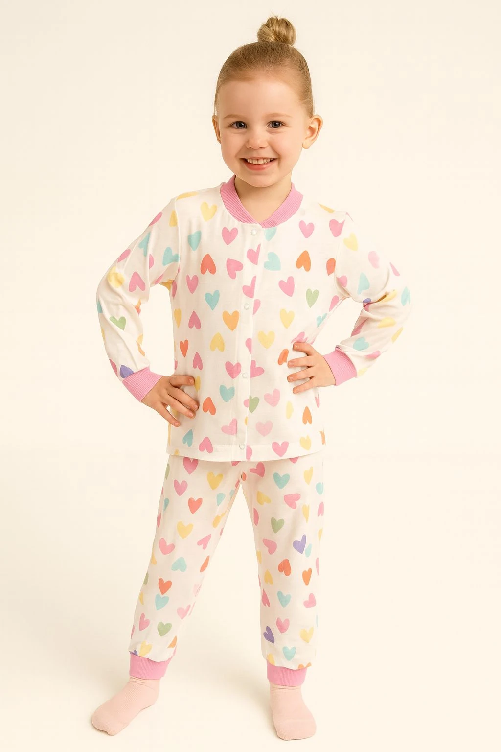 Renkli Kalp Desenli %100 Pamuk Önden Çıtçıtlı Kız Çocuk Pijama Takım