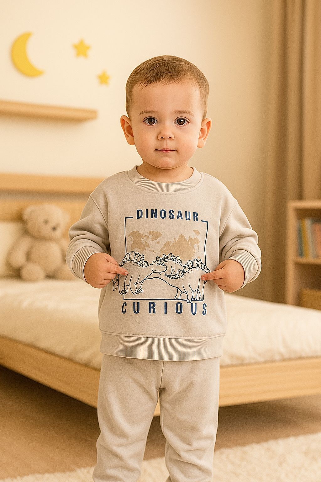 Dinazor Bisiklet Yaka Ribanalı 2 İplik Bej Erkek Çocuk Sweatshirt