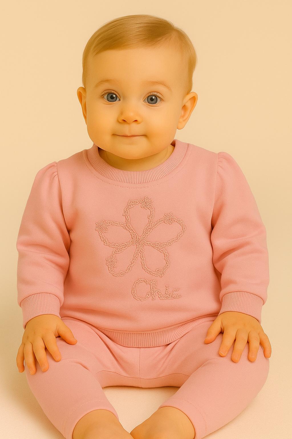 Çiçek Nakış %100 Pamuk Kız Bebek Sweat - Pembe
