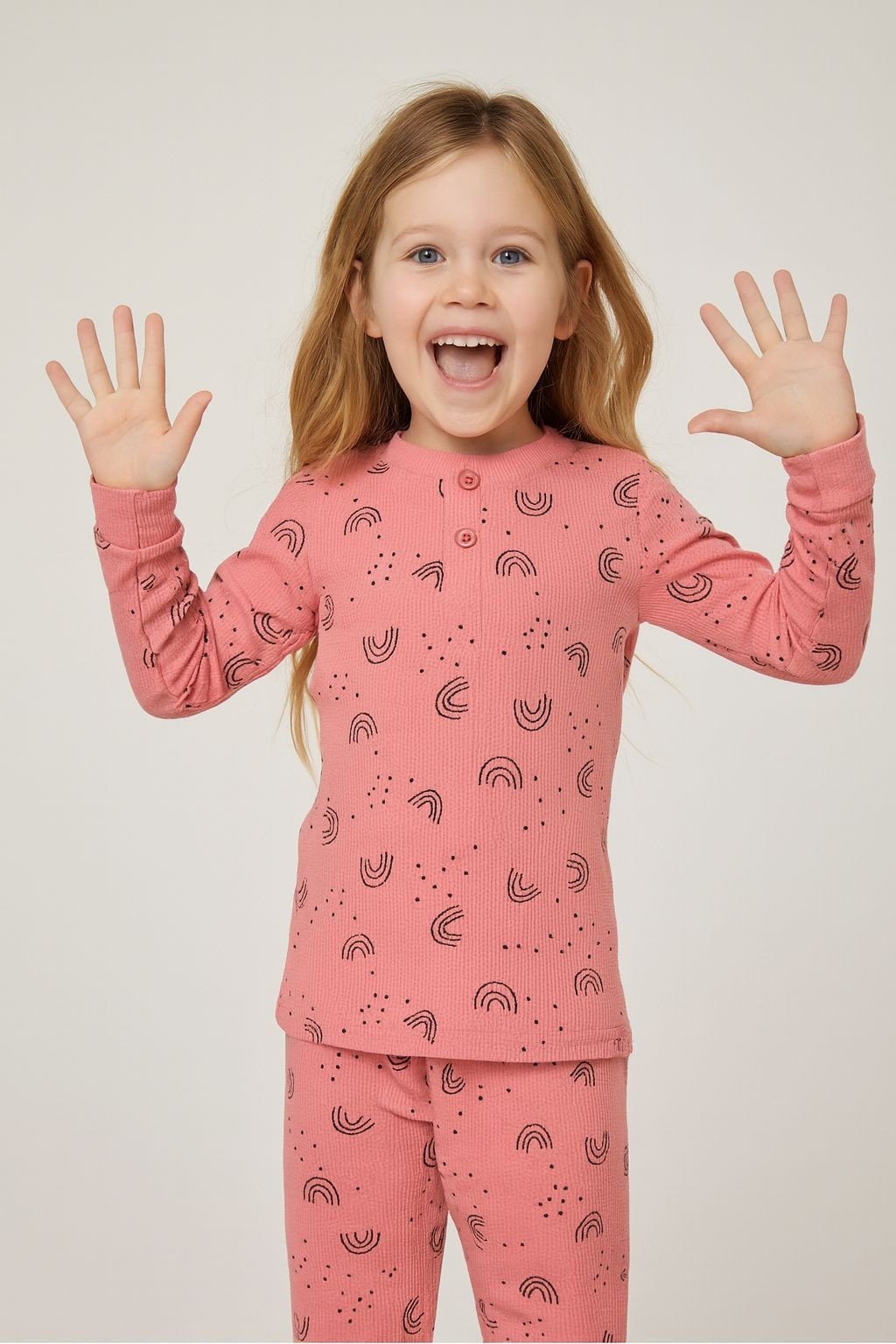 Waffle Gökkuşağı Desenli  Çocuk Pijama Takım - Pembe