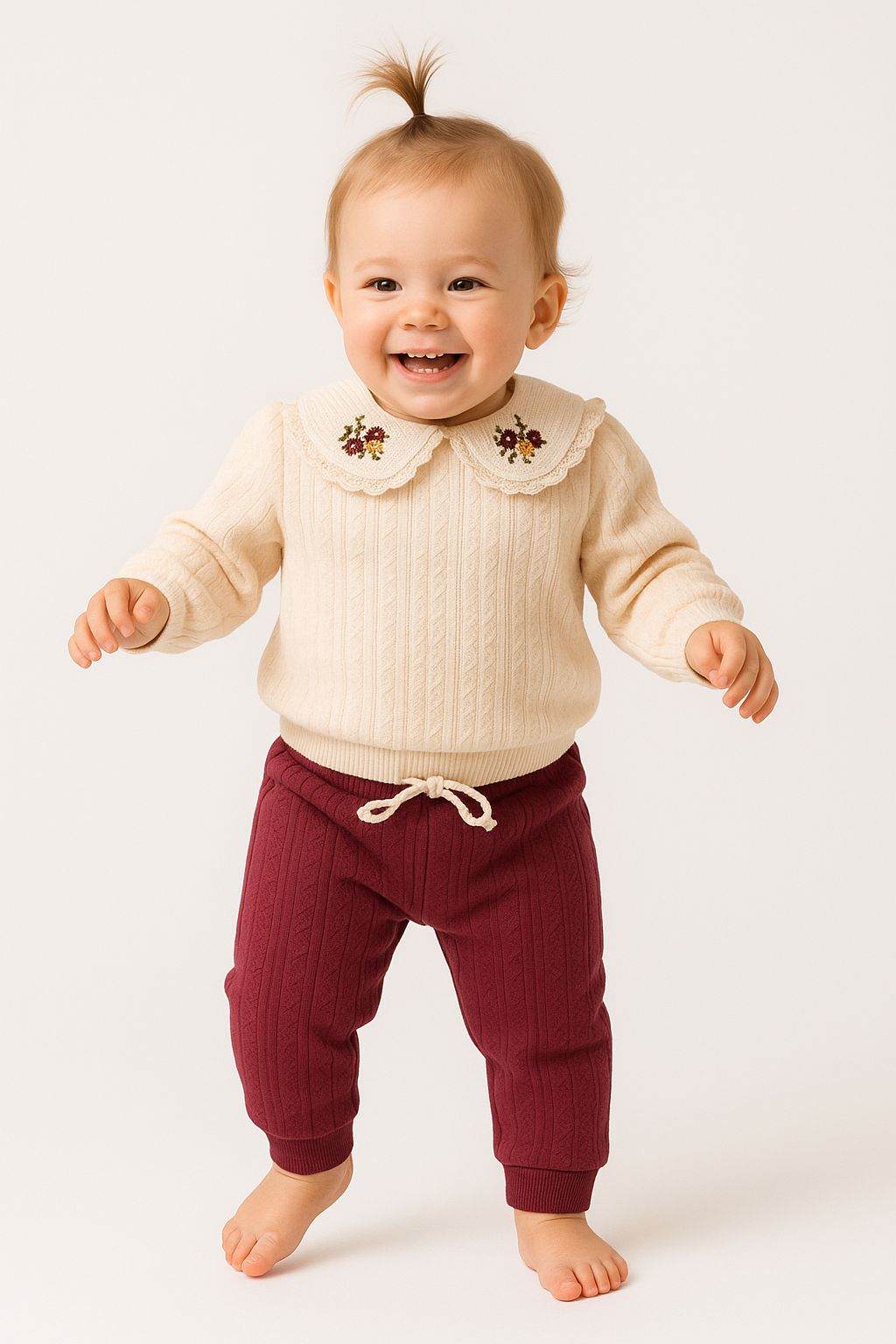 Yaka Detaylı Çiçek Nakışlı Kız Bebek Takım - Bordo