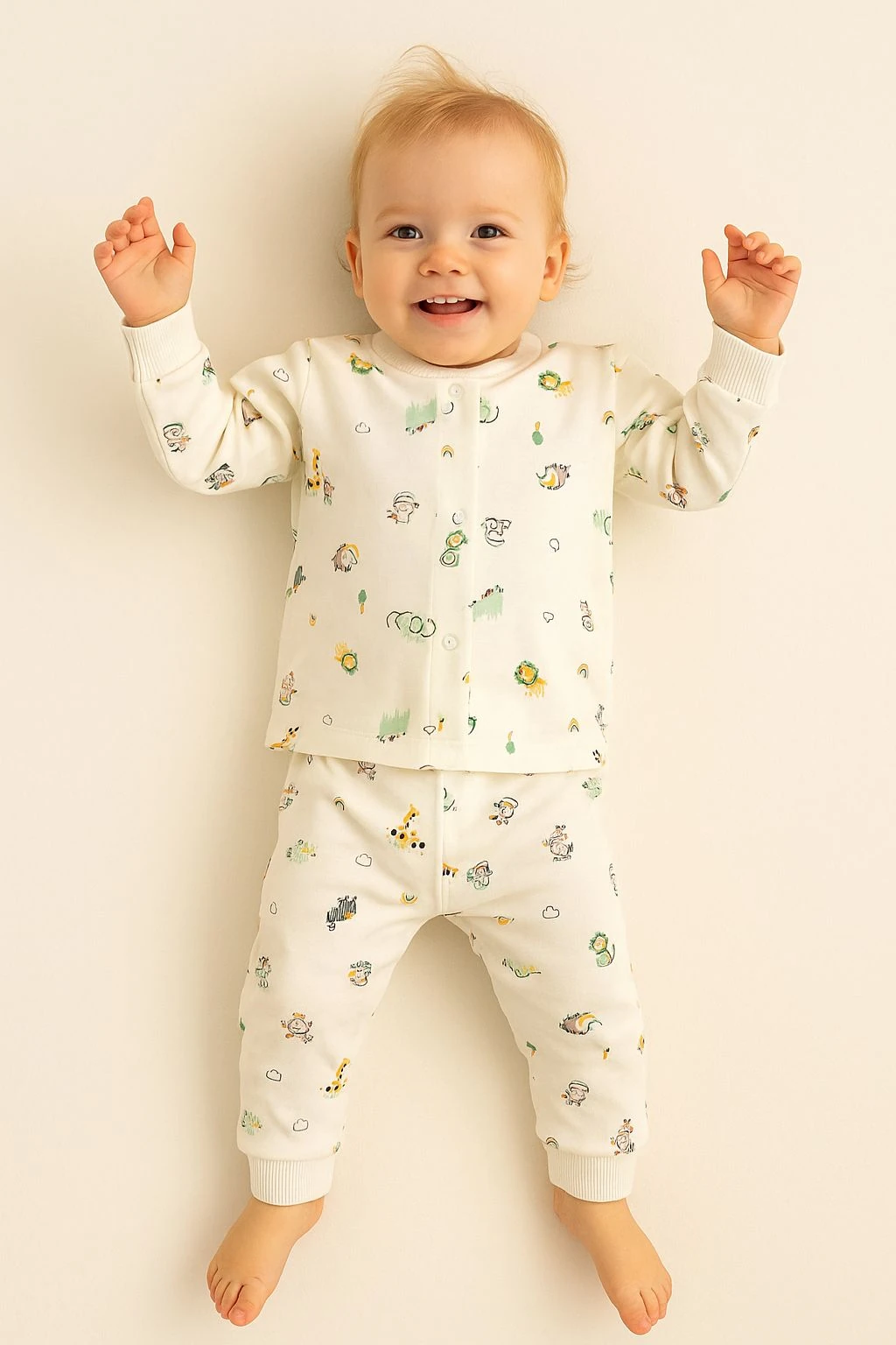 Beyaz Safari Desenli Önden Çıtçıtlı %100 Pamuk Pijama Takım