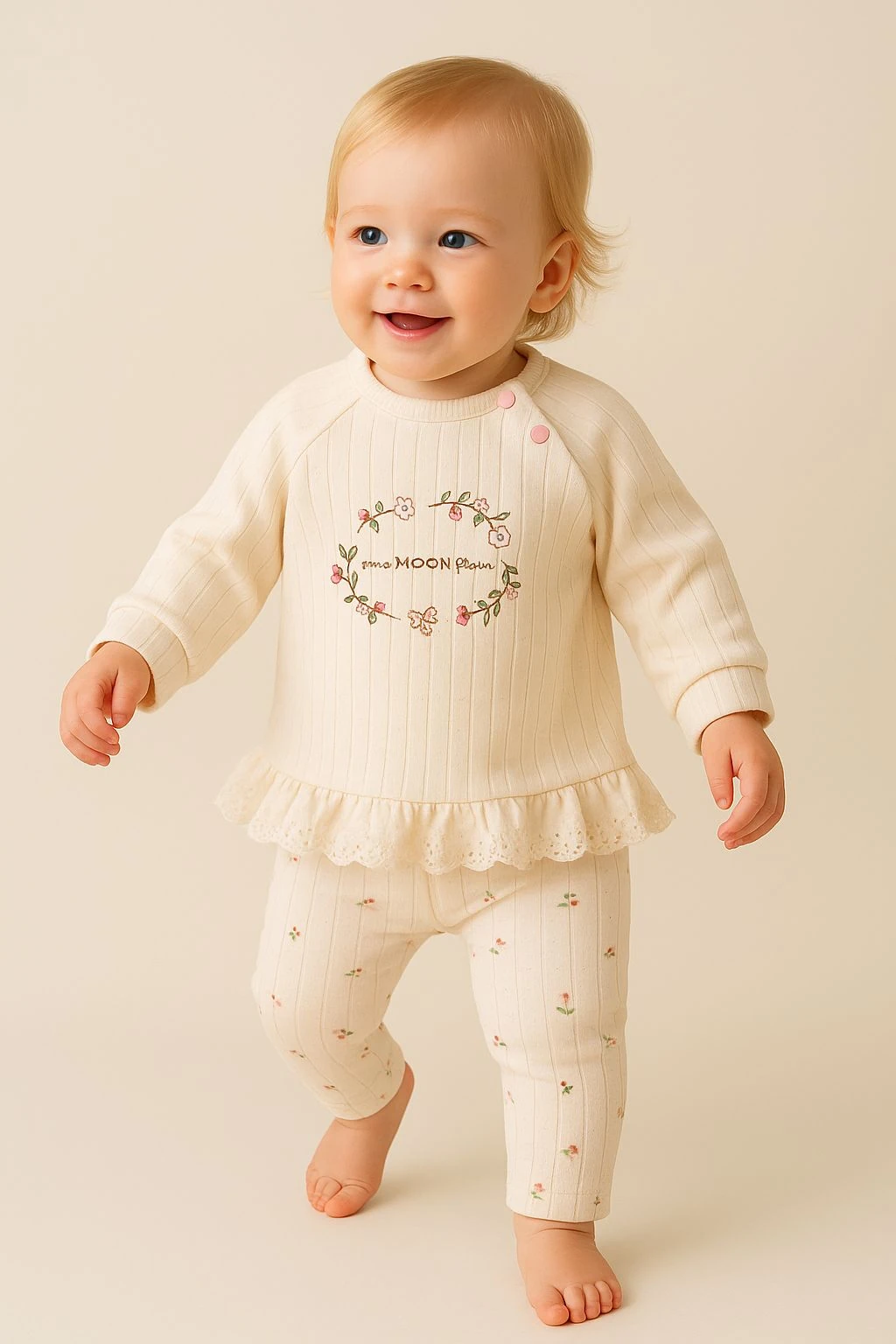 Krem Çiçek Desenli Fistolu %100 Pamuk Jakarlı Kız Bebek Taytlı Takım