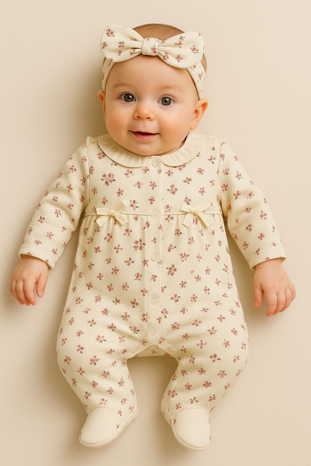 Bandanalı Çiçek Desenli Önden Çıtçıtlı %100 Pamuk Kız Bebek Tulum