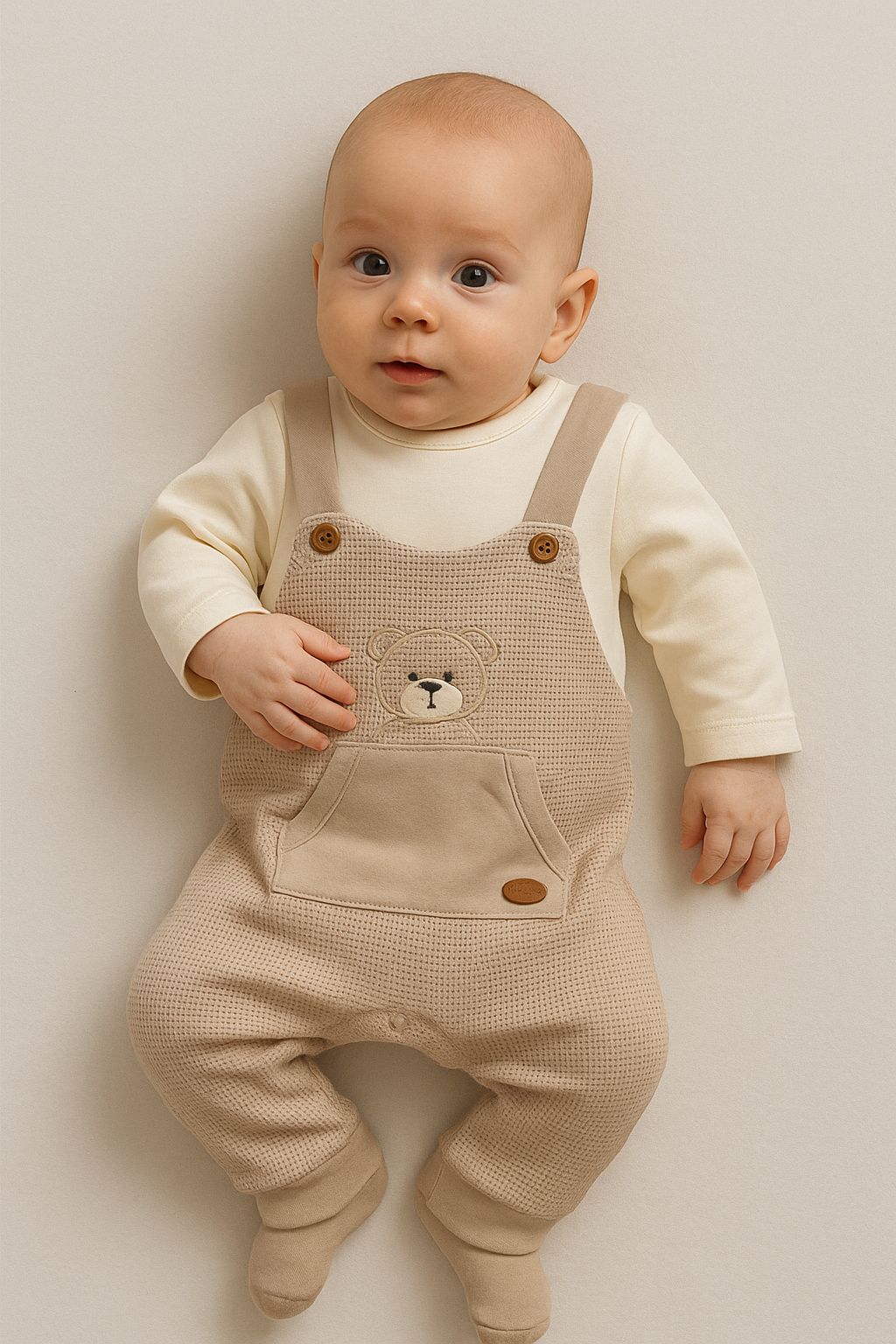 Bej Gofre %100 Pamuk Erkek Bebek Salopet Tulum