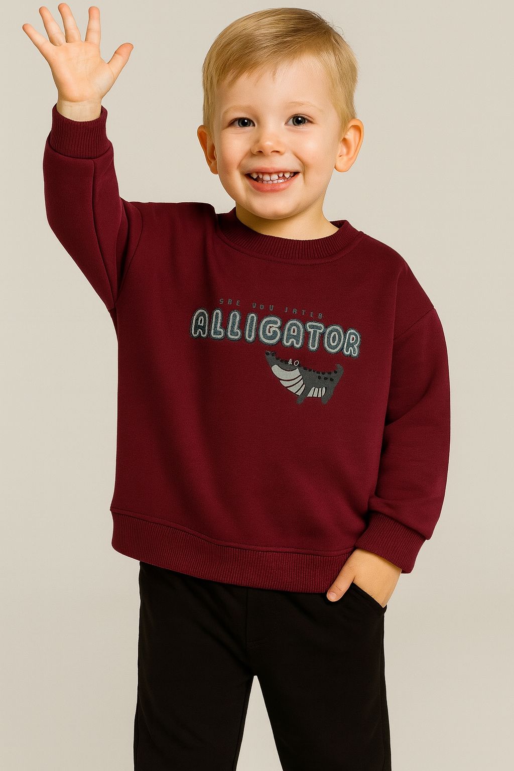 Timsah Nakış 2 İplik Pamuk Erkek Çocuk Sweatshirt - Bordo
