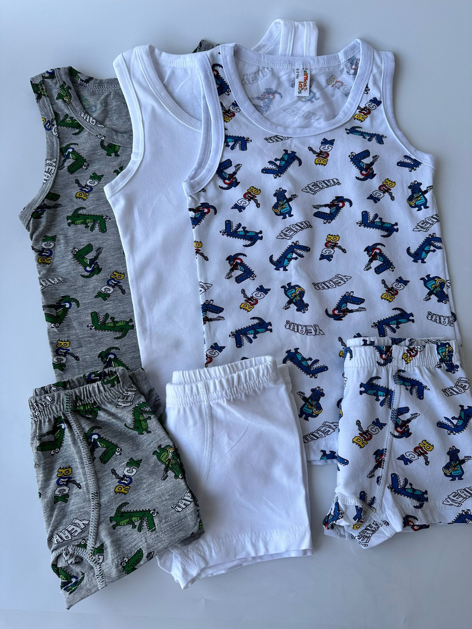 Renkli Mini Dinazor Desenli 3'lü Model Erkek Çocuk Atlet Boxer Takım