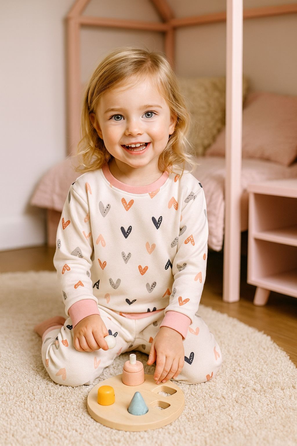 Kalp Desenli Somon Kız Çocuk  Pijama Takımı