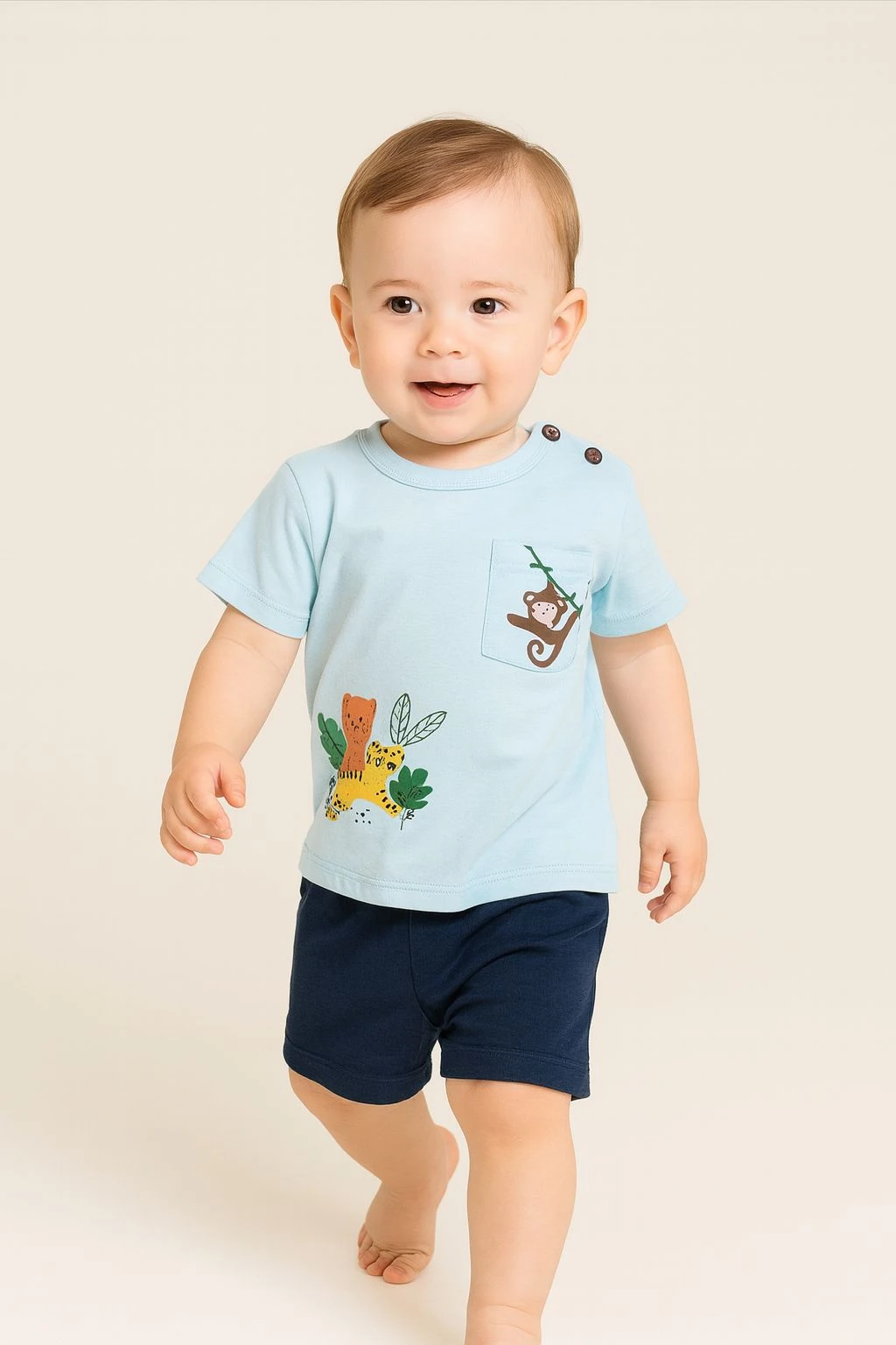 Cep Detaylı Monkey %100 Pamuk Erkek Bebek Tişört - Mavi