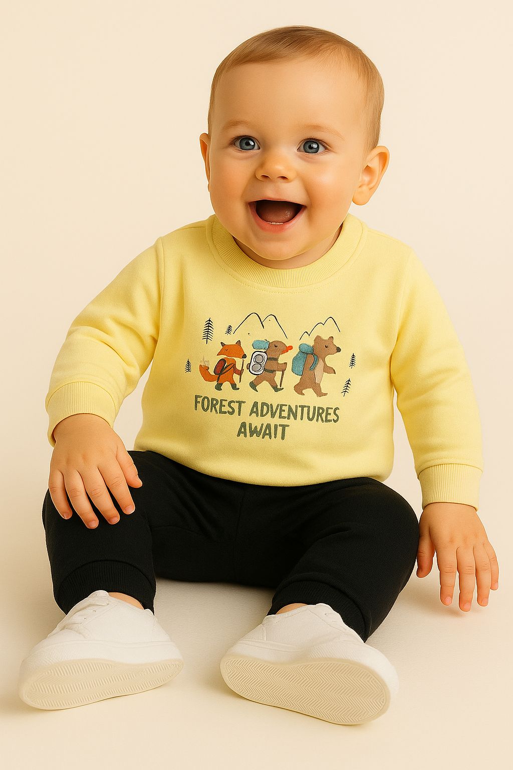  Ön Animal  Desenli  Bisiklet Yaka 2 İplik Erkek Bebek Sweatshirt - Sarı