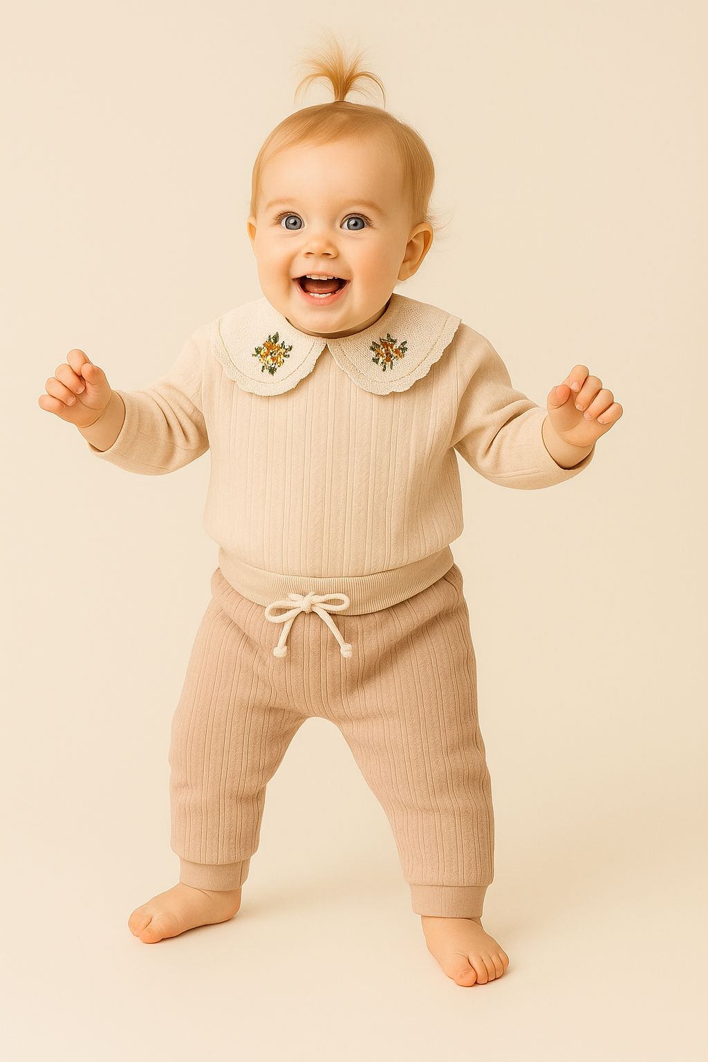 Yaka Detaylı Çiçek Nakışlı Kız Bebek Takım - Vizon