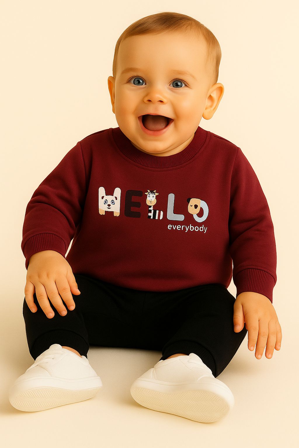Bordo Hello Baskılı 2 İplik Pamuk Erkek Bebek Sweat