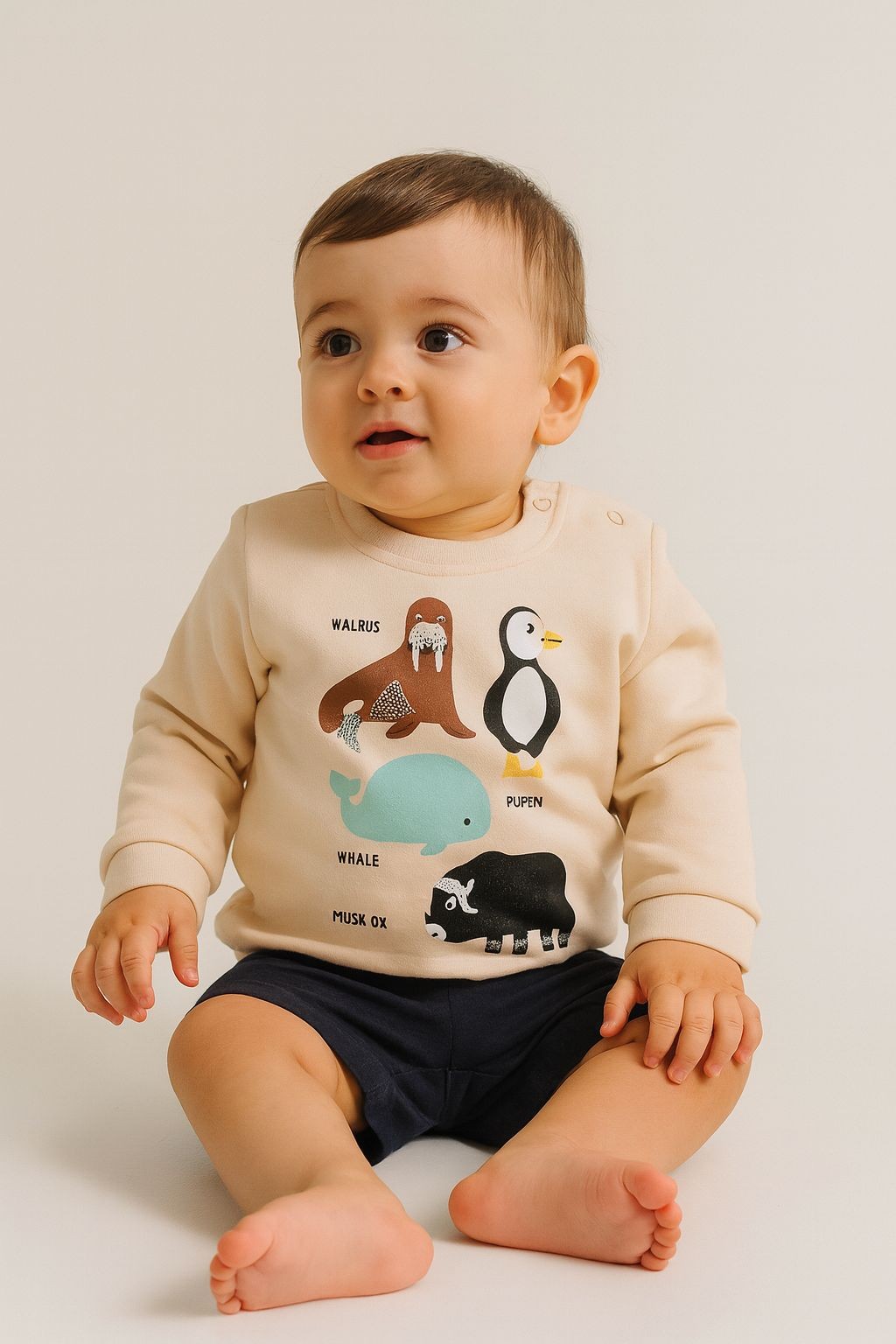 Animal Desenli 2 İplik Erkek Bebek Sweatshirt - Krem