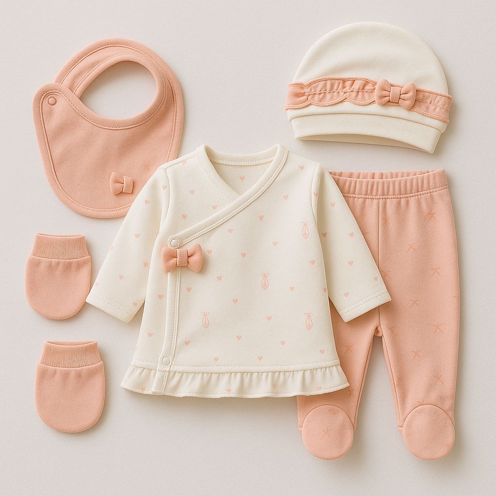 Somon Fiyonk Kalp Desenli 5'li %100 Pamuk Kız bebek Hastane Çıkış Seti