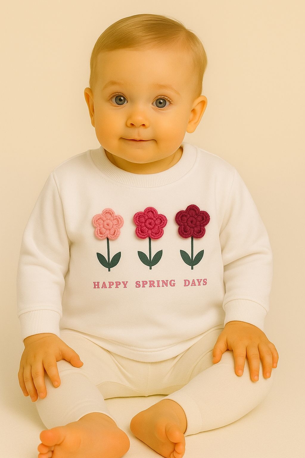 Happy Spring Days Beyaz Pamuk 2 İplik Kız Bebek Sweat