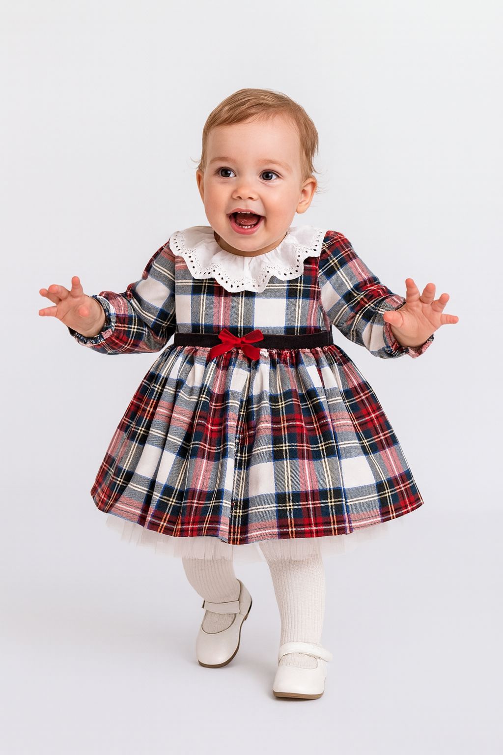 Ekose Tütülü Yaka Fistolu  Kız Bebek Elbise