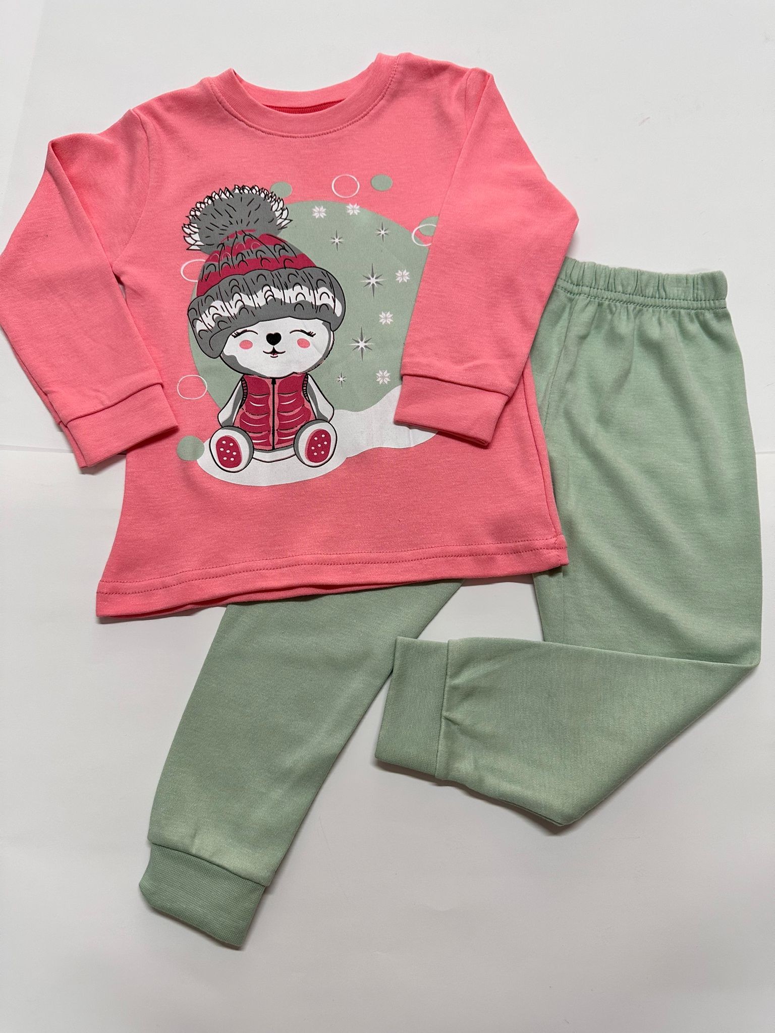 Pembe-Mint Bear Kız Çocuk Pijama Takımı