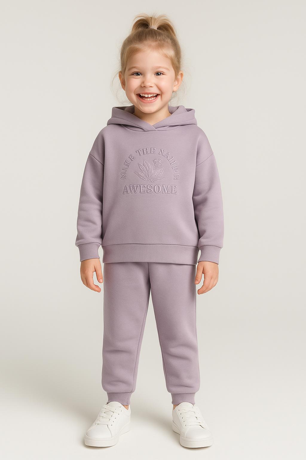 Nakış İşlemeli Kapüşonlu 2 İplik Pamuk Kız Çocuk Eşofman Takım - Lila