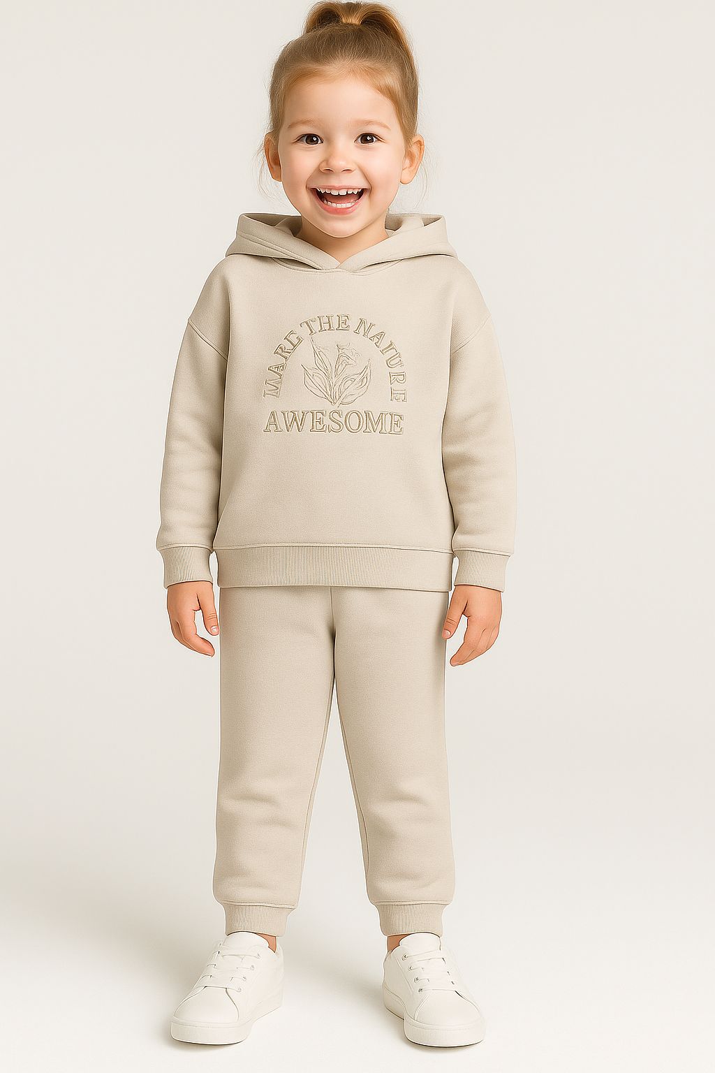 Nakış İşlemeli Kapüşonlu 2 İplik Pamuk Kız Çocuk Eşofman Takım - Taş