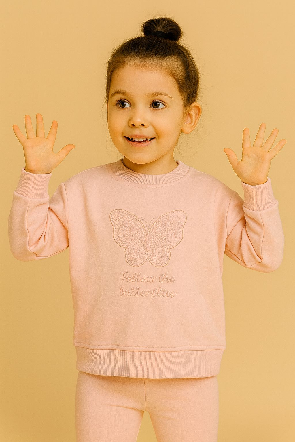 Pembe Kelebek Nakışlı 2 İplik %100 Pamuk Kız Çocuk Sweat