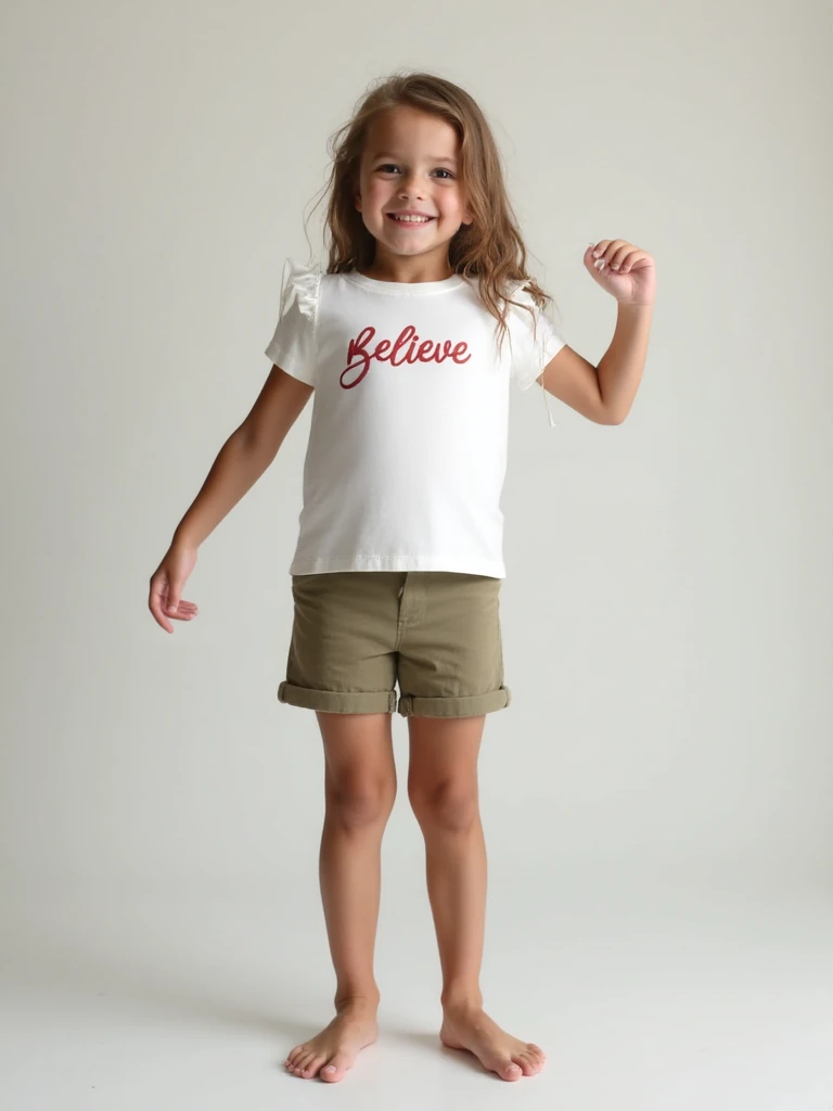 Believe Ön Nakışlı Fırfırlı Kollu Kız Çocuk Tişört - Ekru