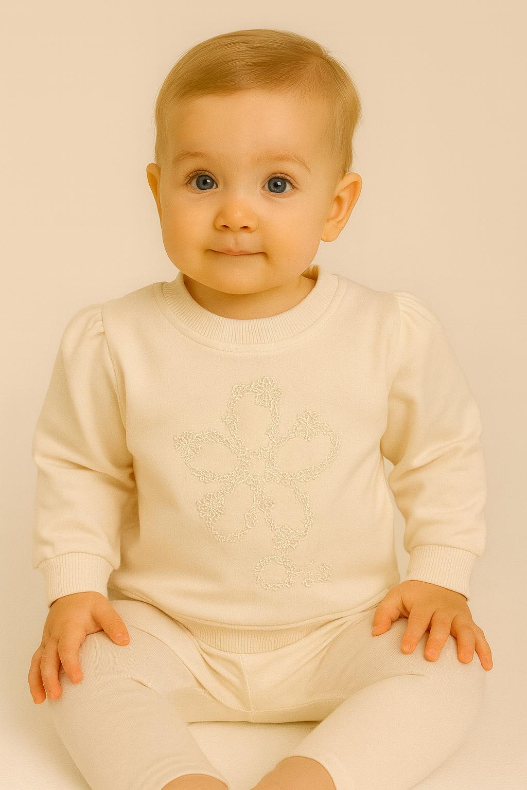 Çiçek Nakış %100 Pamuk Kız Bebek Sweat - Krem