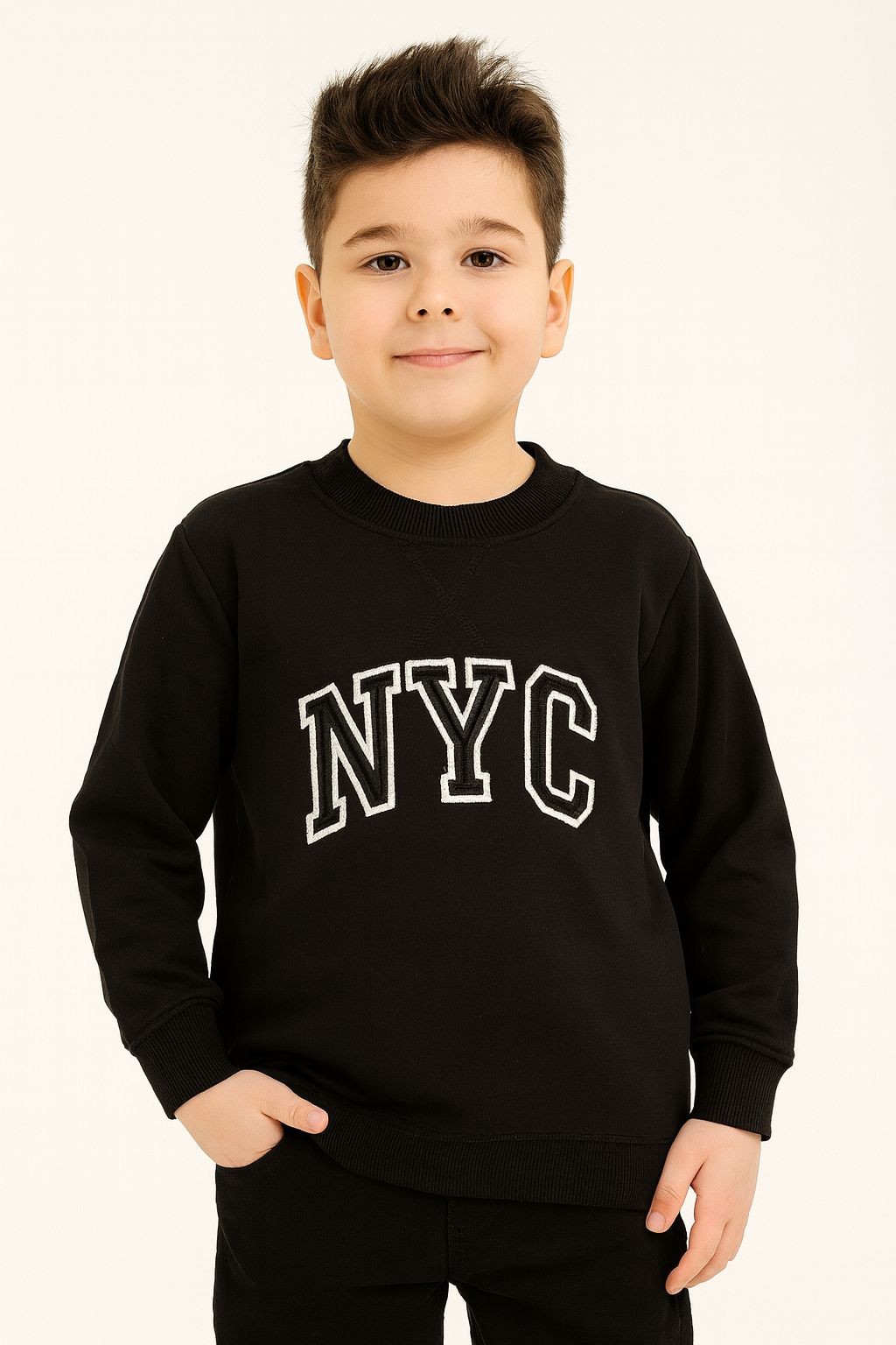 Nyc Nakış İşlemeli Siyah 2 İplik %100 Pamuk Erkek Çocuk Sweatshirt