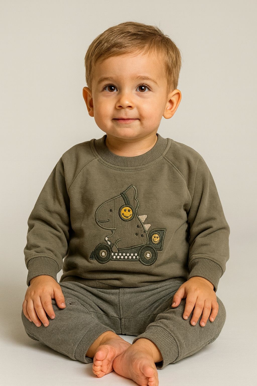 Divonette Dinazor  Nakış İşlemeli 2 İplik Erkek Bebek Sweatshirt - Haki