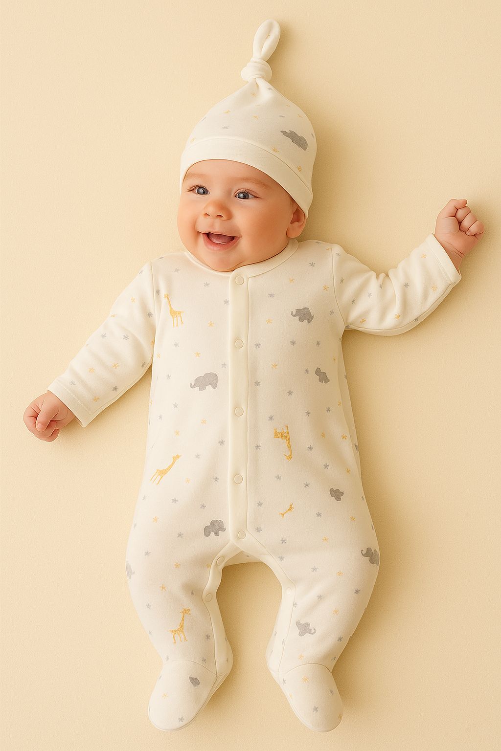 Şapkalı Mini Animal Desenli Çıtçtılı %100 Pamuk Bebek Tulum