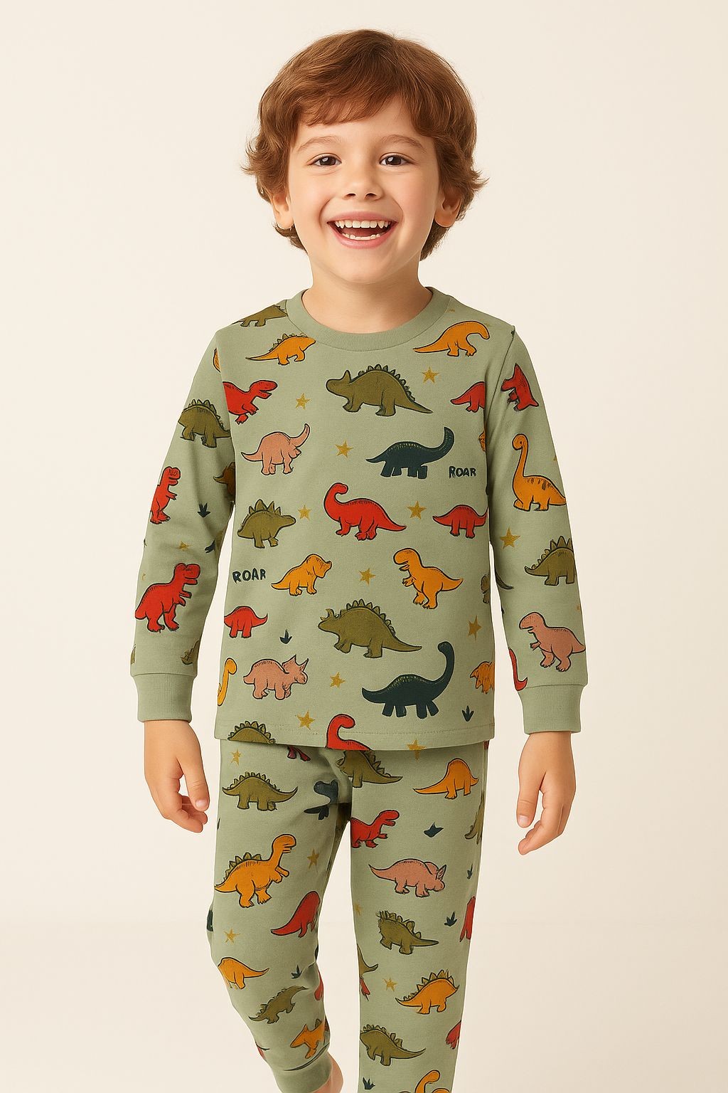 Haki Renk Dinazor Desenli Erkek Çocuk Pijama Takımı