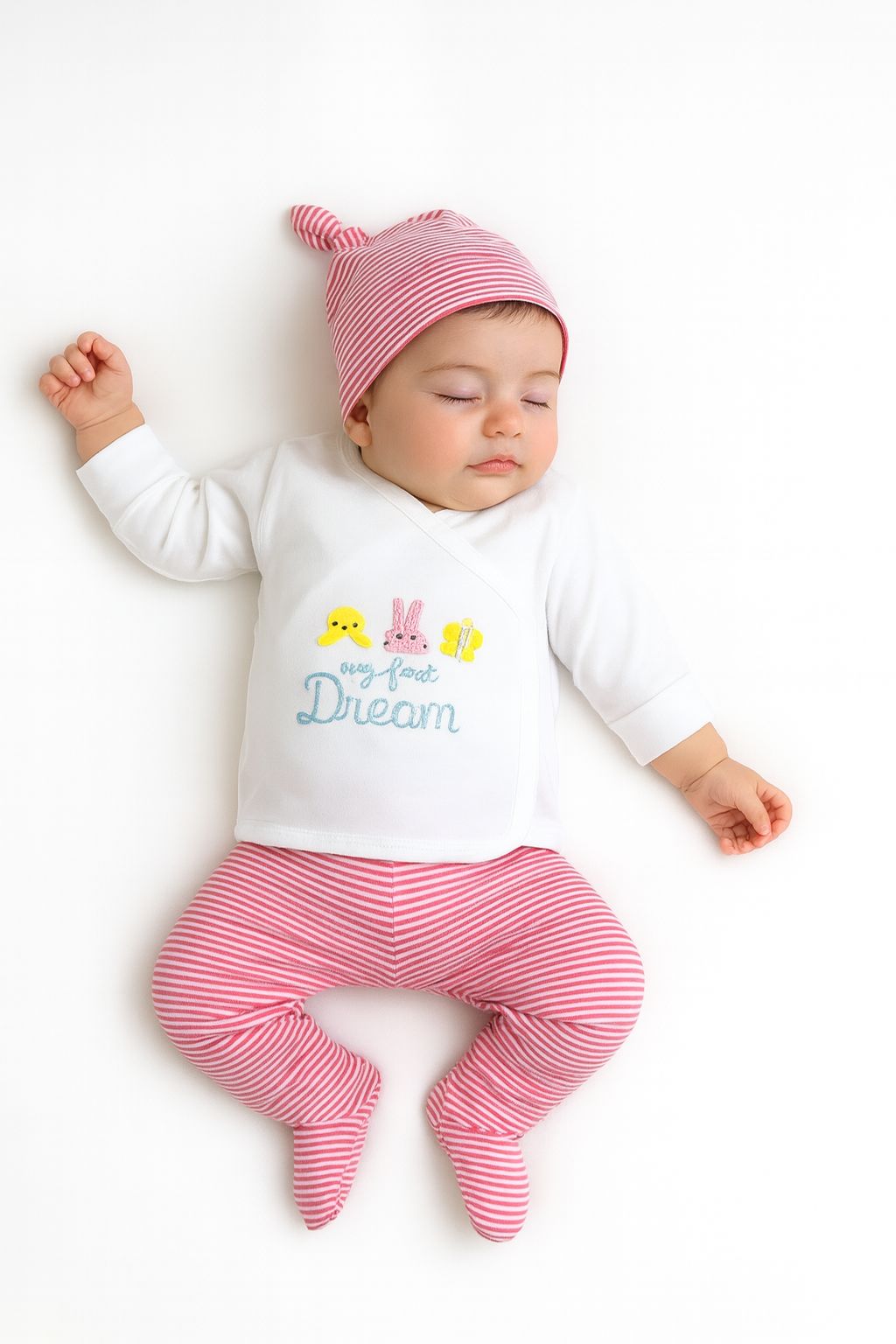 Yenidoğan Nakışlı Pembe Çizgili %100 Pamuk Kız Bebek 3'lü Takım