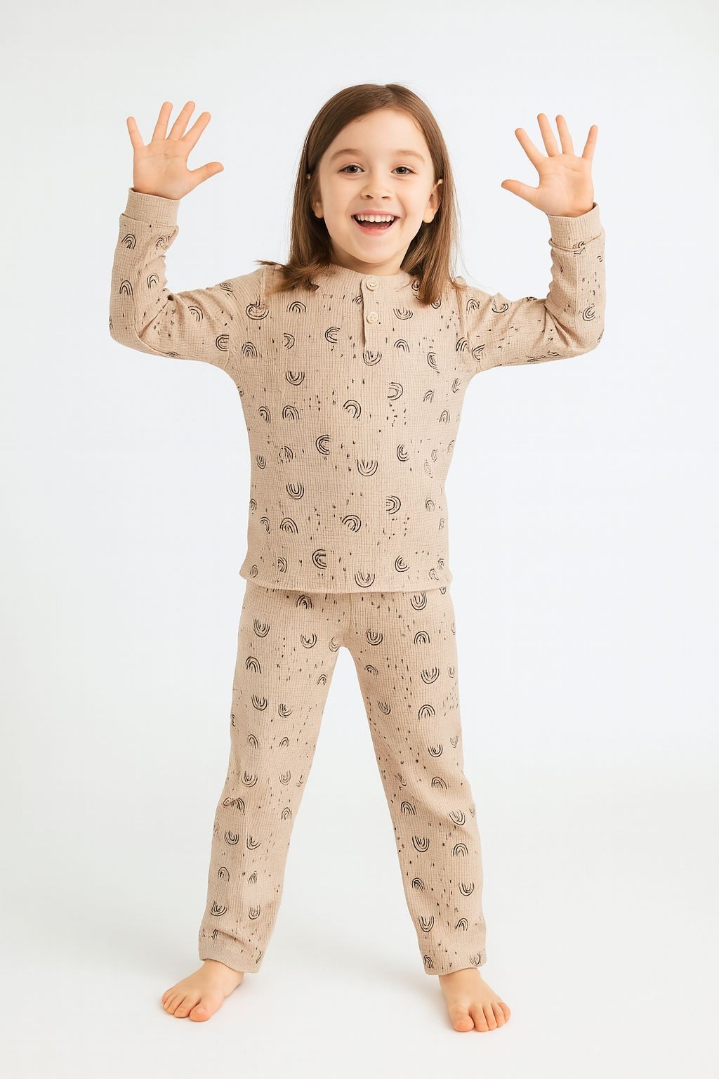 Waffle Gökkuşağı Desenli  Çocuk Pijama Takım - Bej