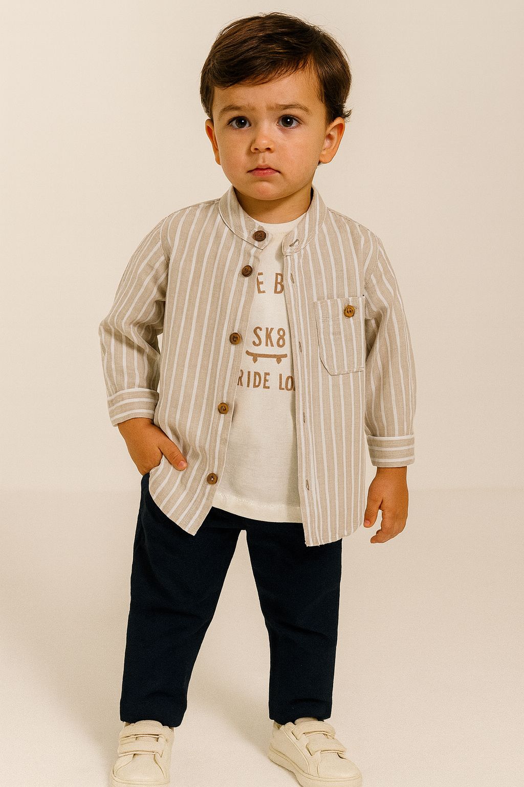 Çizgili Hakim Yaka Gömlek Tişört Pantolon Erkek Çocuk Takım