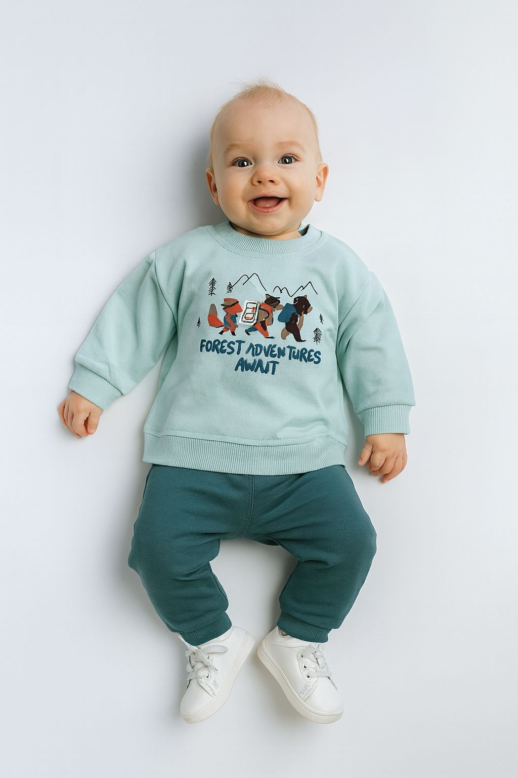  Ön Animal  Desenli  Bisiklet Yaka2 İplik Erkek Bebek Sweatshirt - Mint